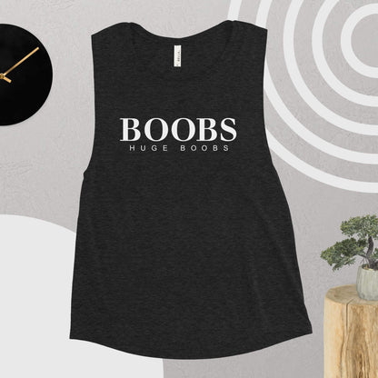 Huge Boobs Ladies’ Muscle Tank White Logo